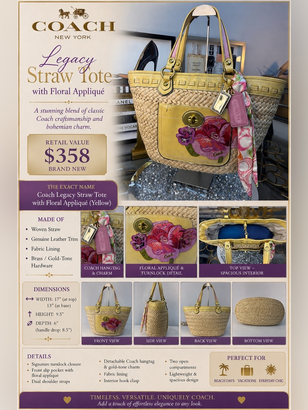 Coach Legacy Yellow Leather  Straw Tote with Pink Floral Applique and Scarf - Picture 2 of 15